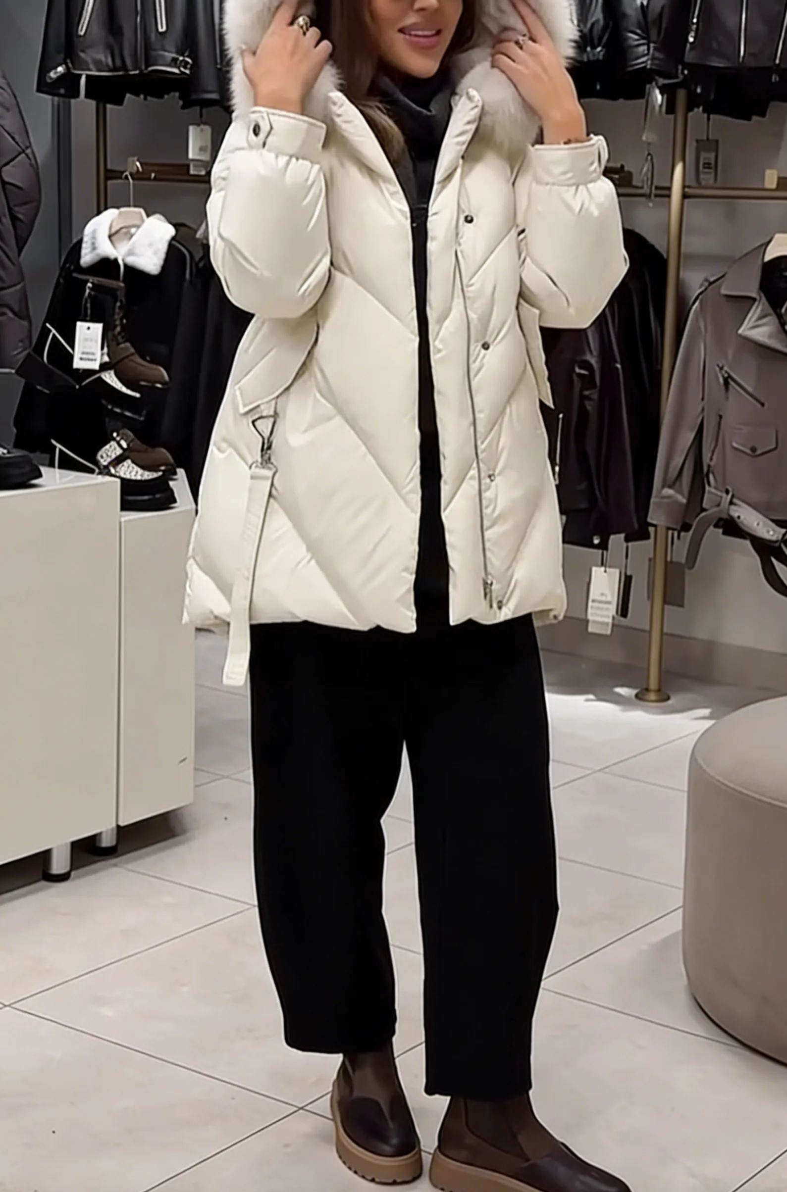 Faux Fur-Trimmed Puffer Jacket with Utility Straps