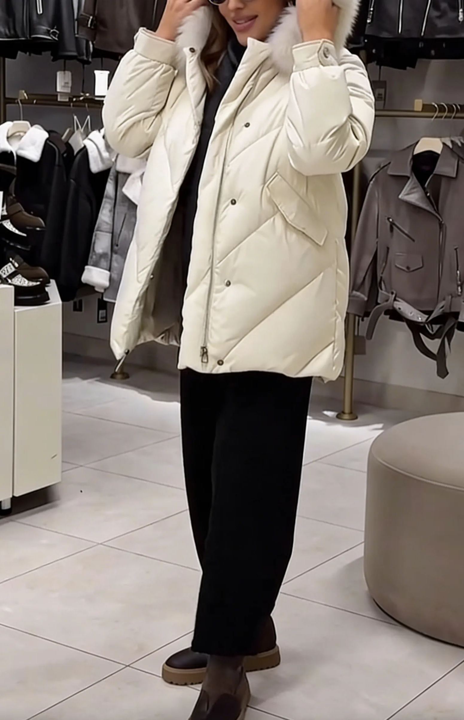 Faux Fur-Trimmed Puffer Jacket with Utility Straps