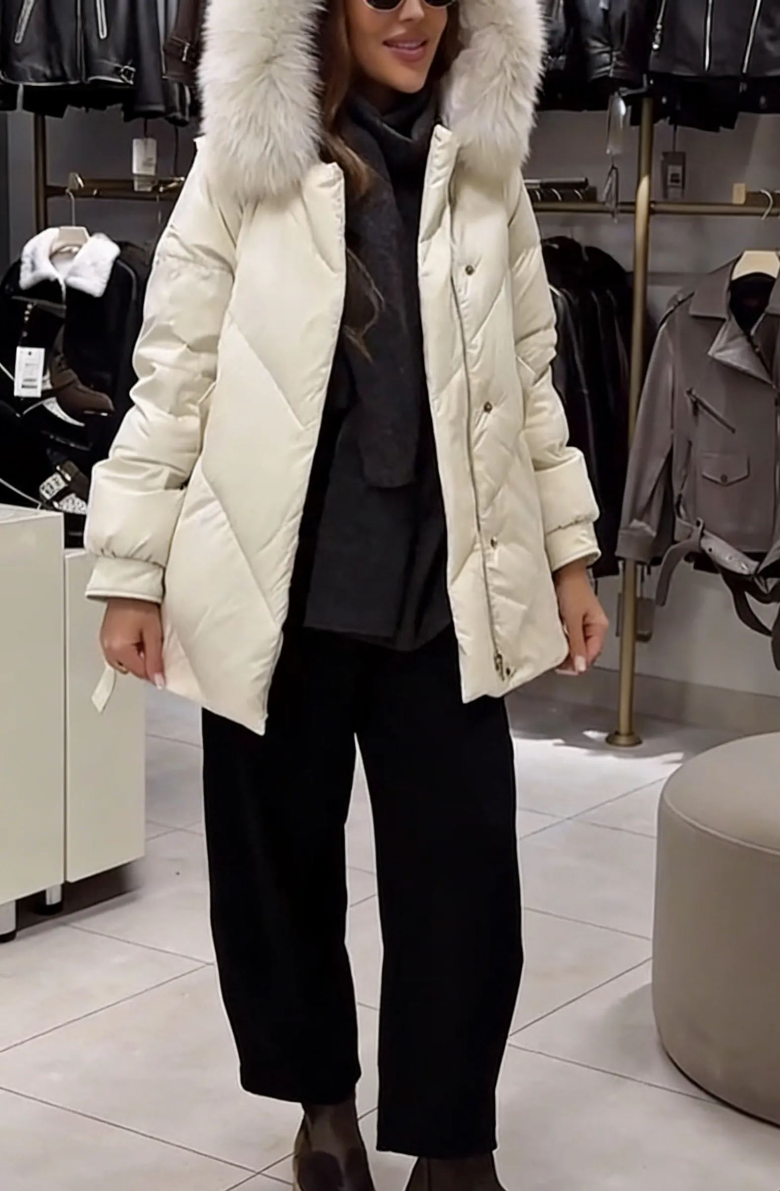 Faux Fur-Trimmed Puffer Jacket with Utility Straps