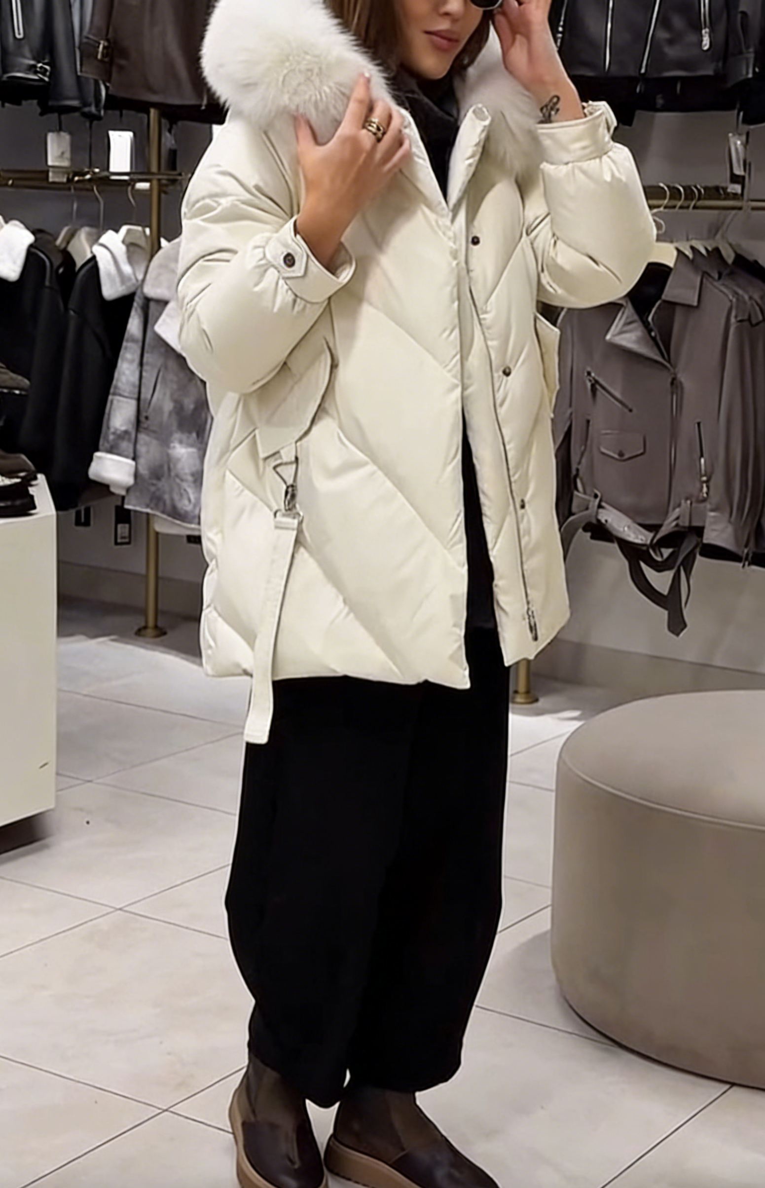 Faux Fur-Trimmed Puffer Jacket with Utility Straps