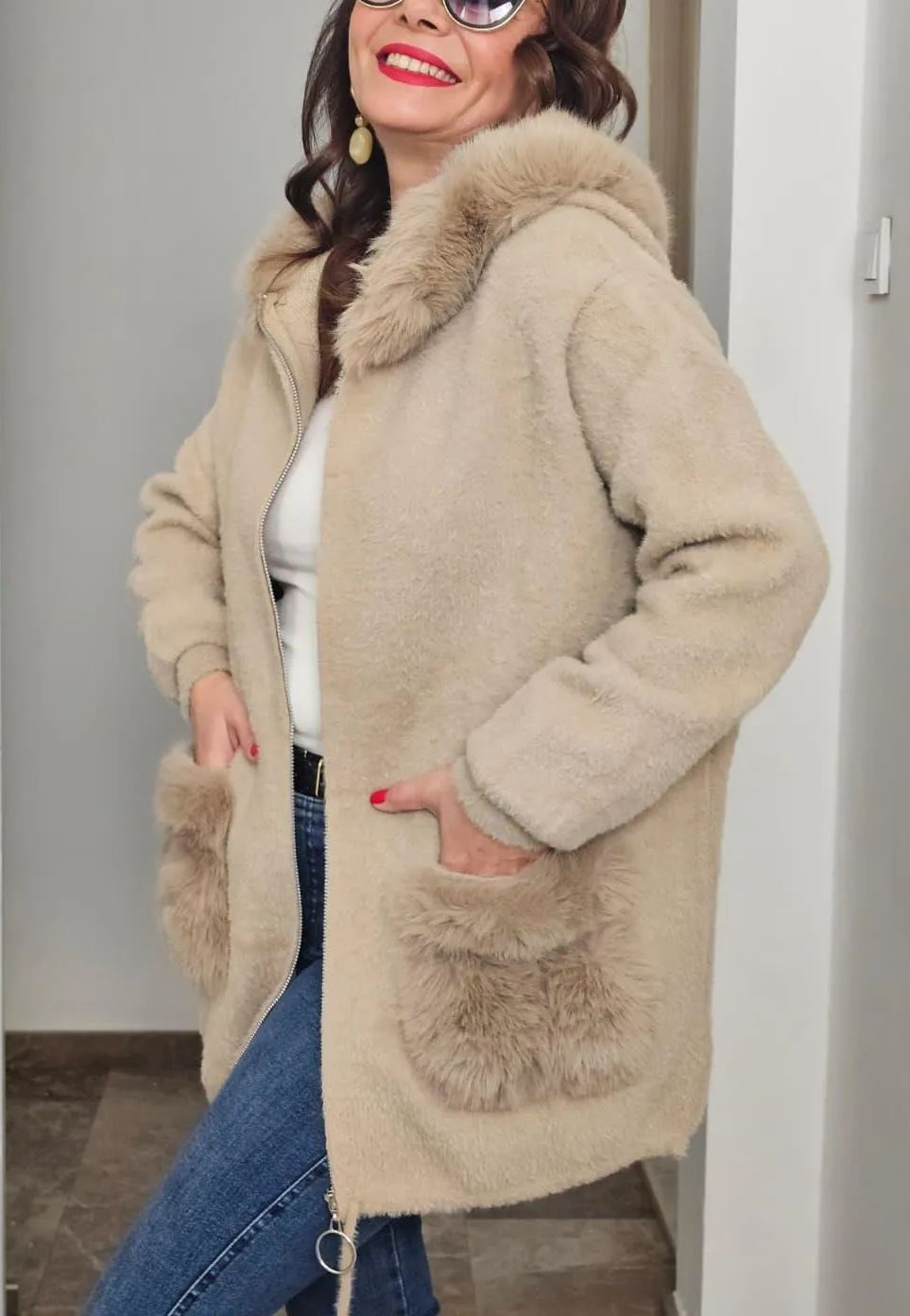 Faux Fur-Accented Teddy Puffer Coat