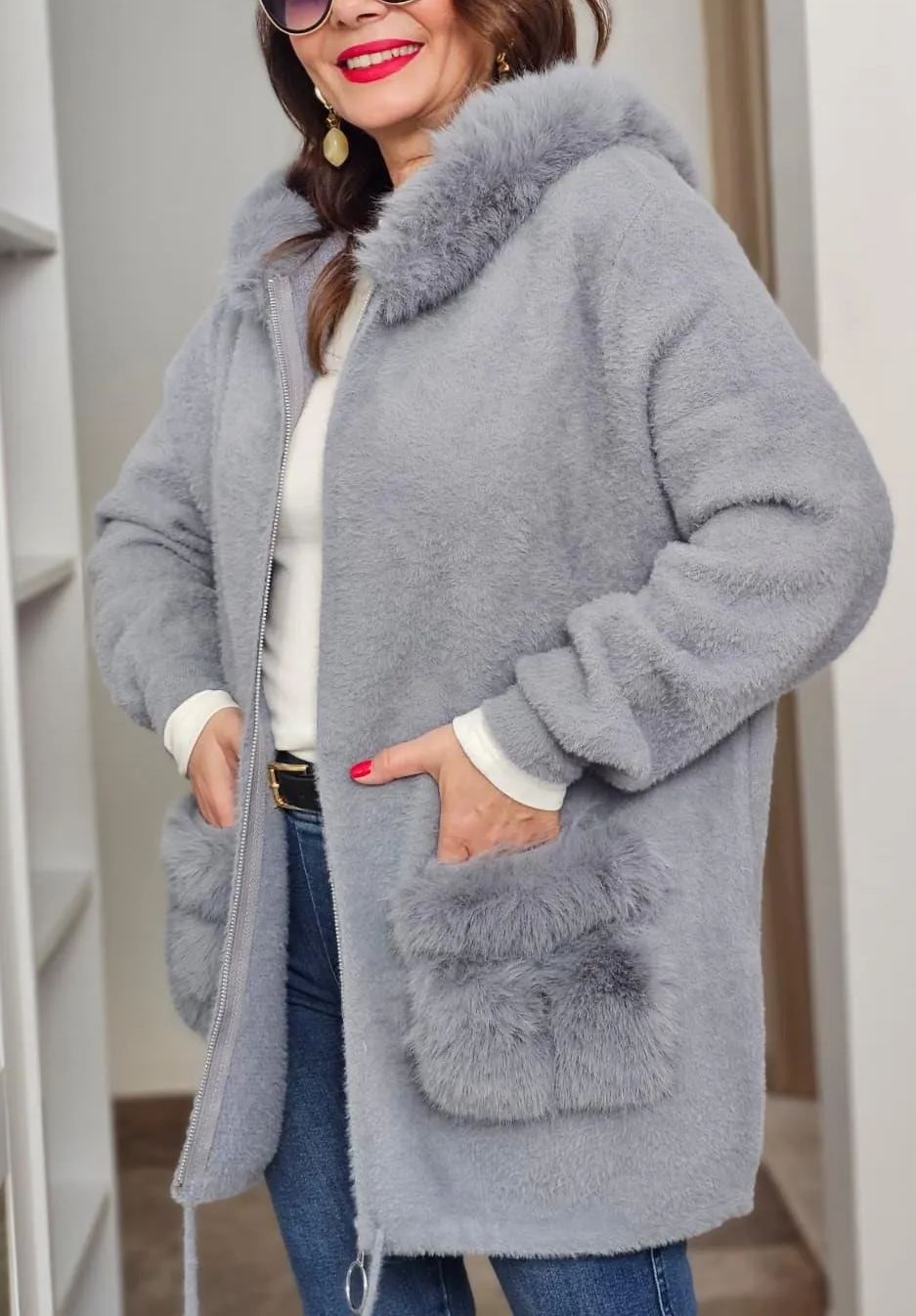 Faux Fur-Accented Teddy Puffer Coat