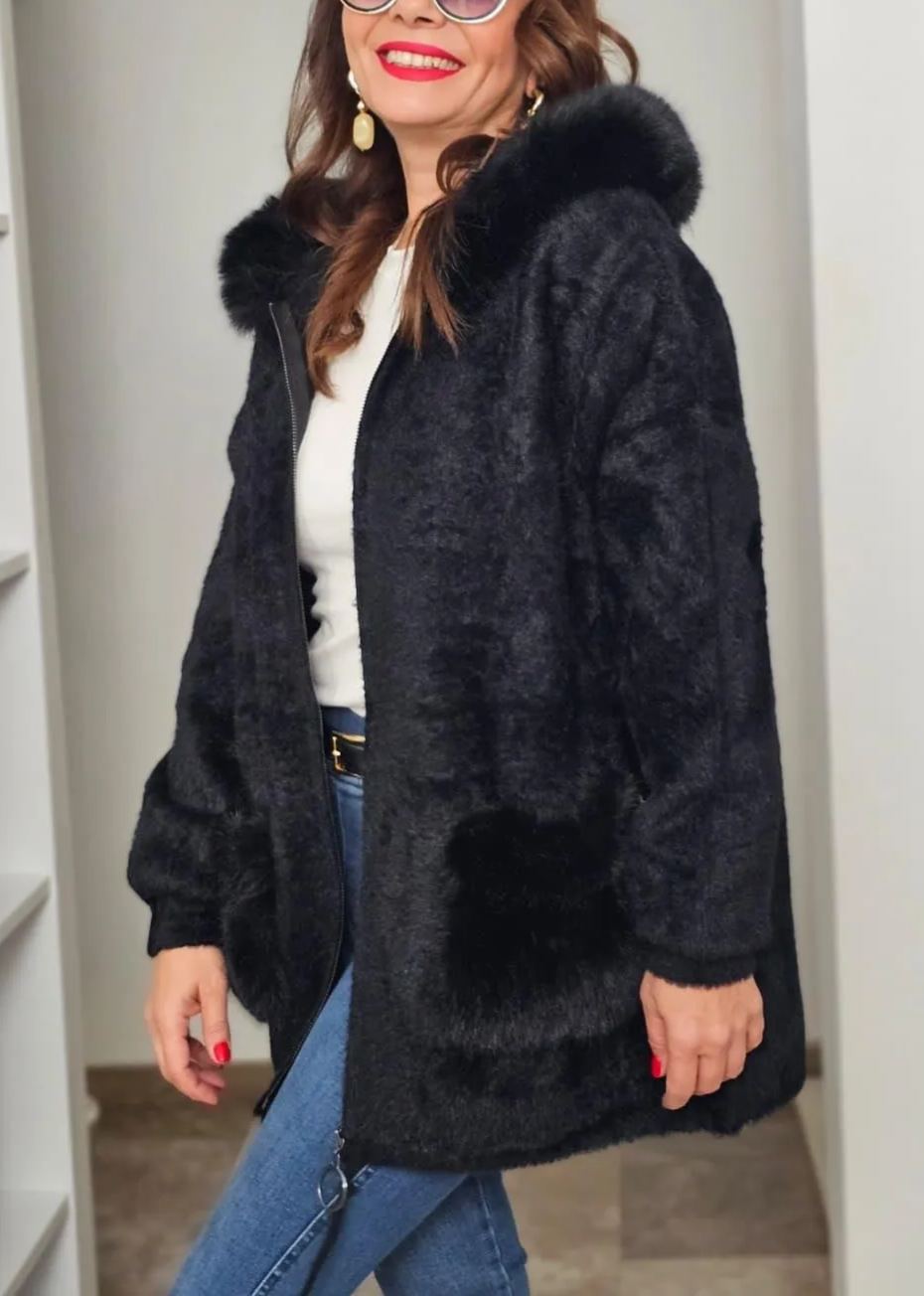 Faux Fur-Accented Teddy Puffer Coat