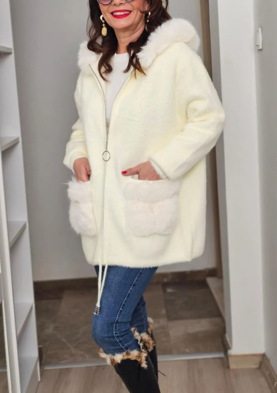 Faux Fur-Accented Teddy Puffer Coat