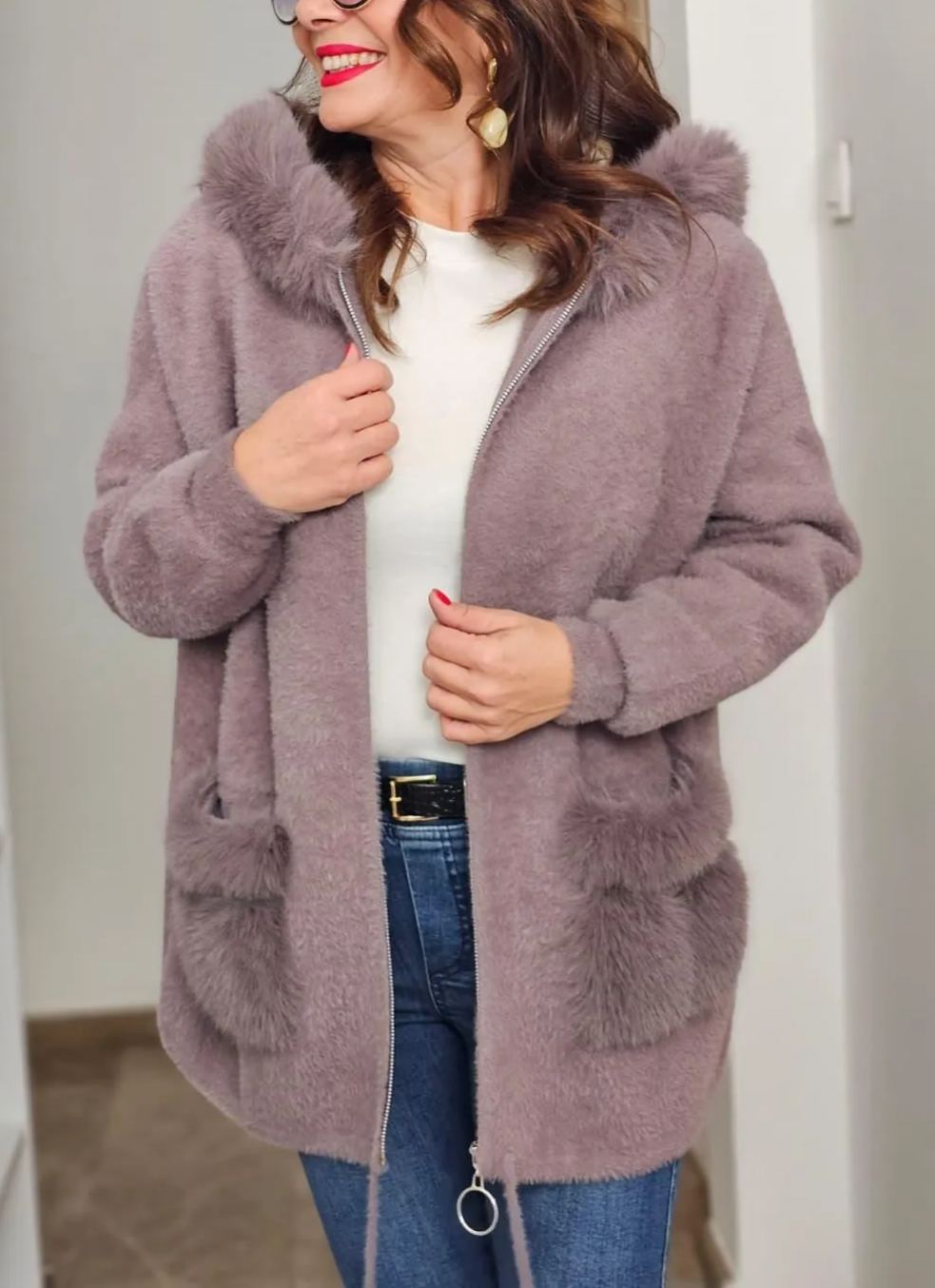 Faux Fur-Accented Teddy Puffer Coat