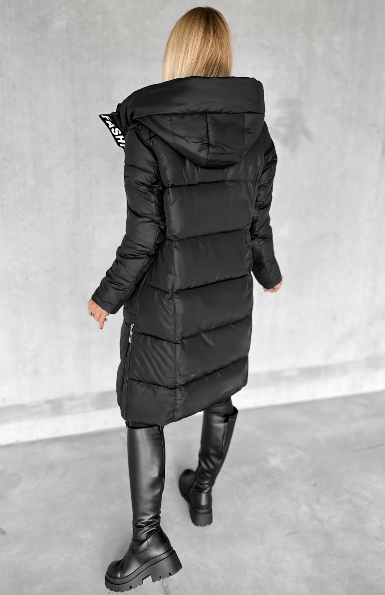Longline Hooded Puffer Coat with Typographic Tape Trim