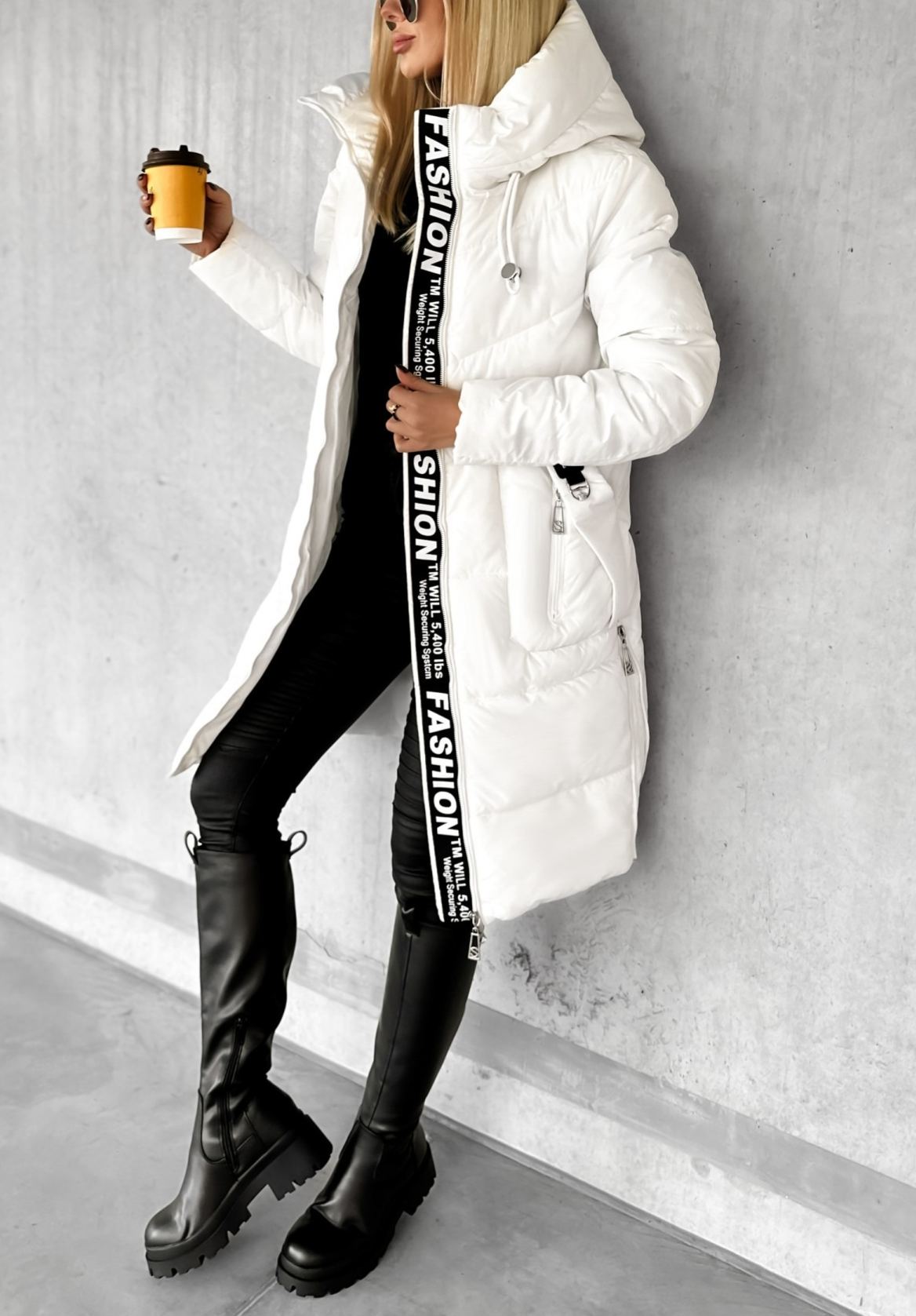 Longline Hooded Puffer Coat with Typographic Tape Trim