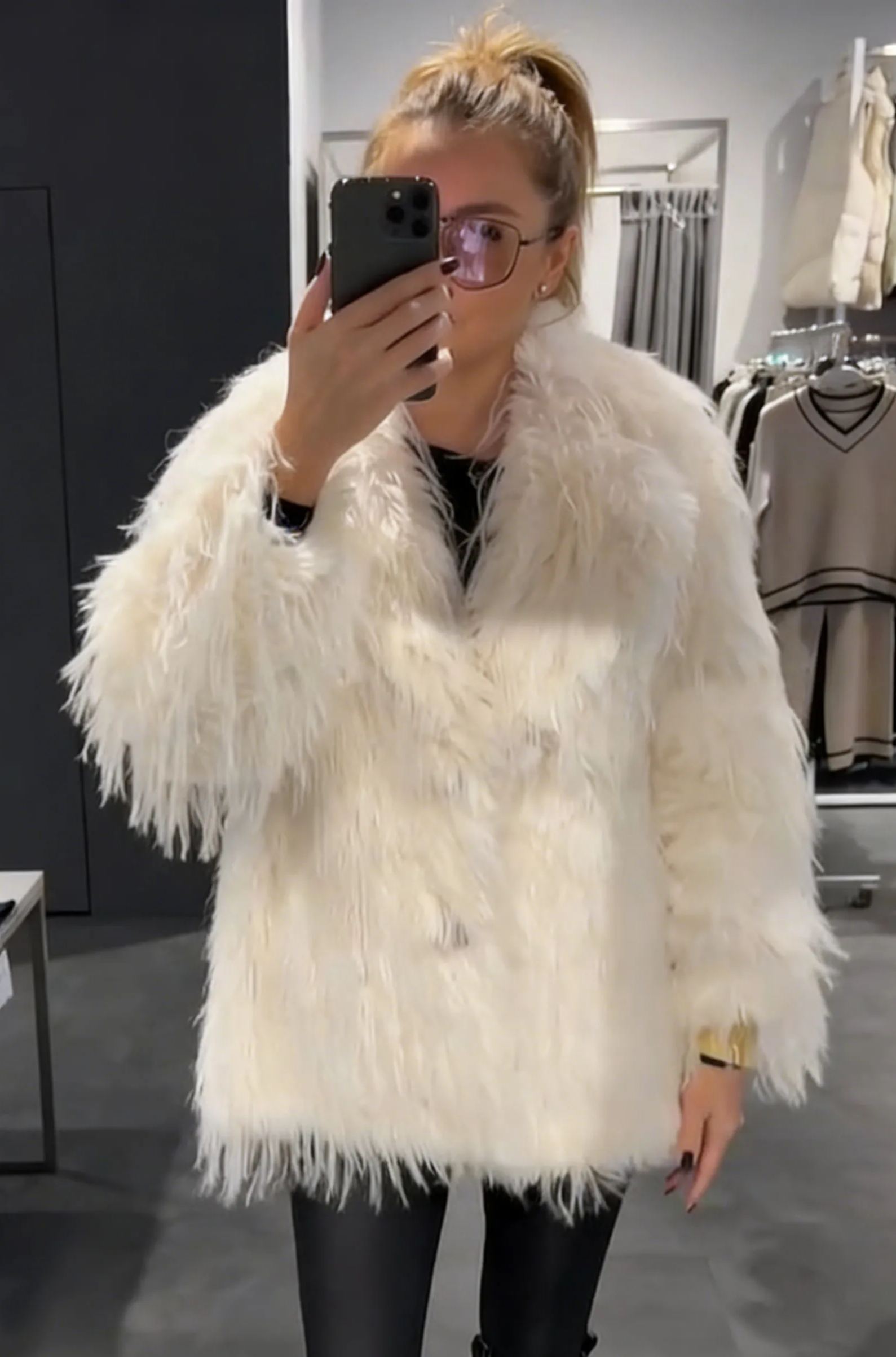  Fluffy Faux Fur Open-Front Coat