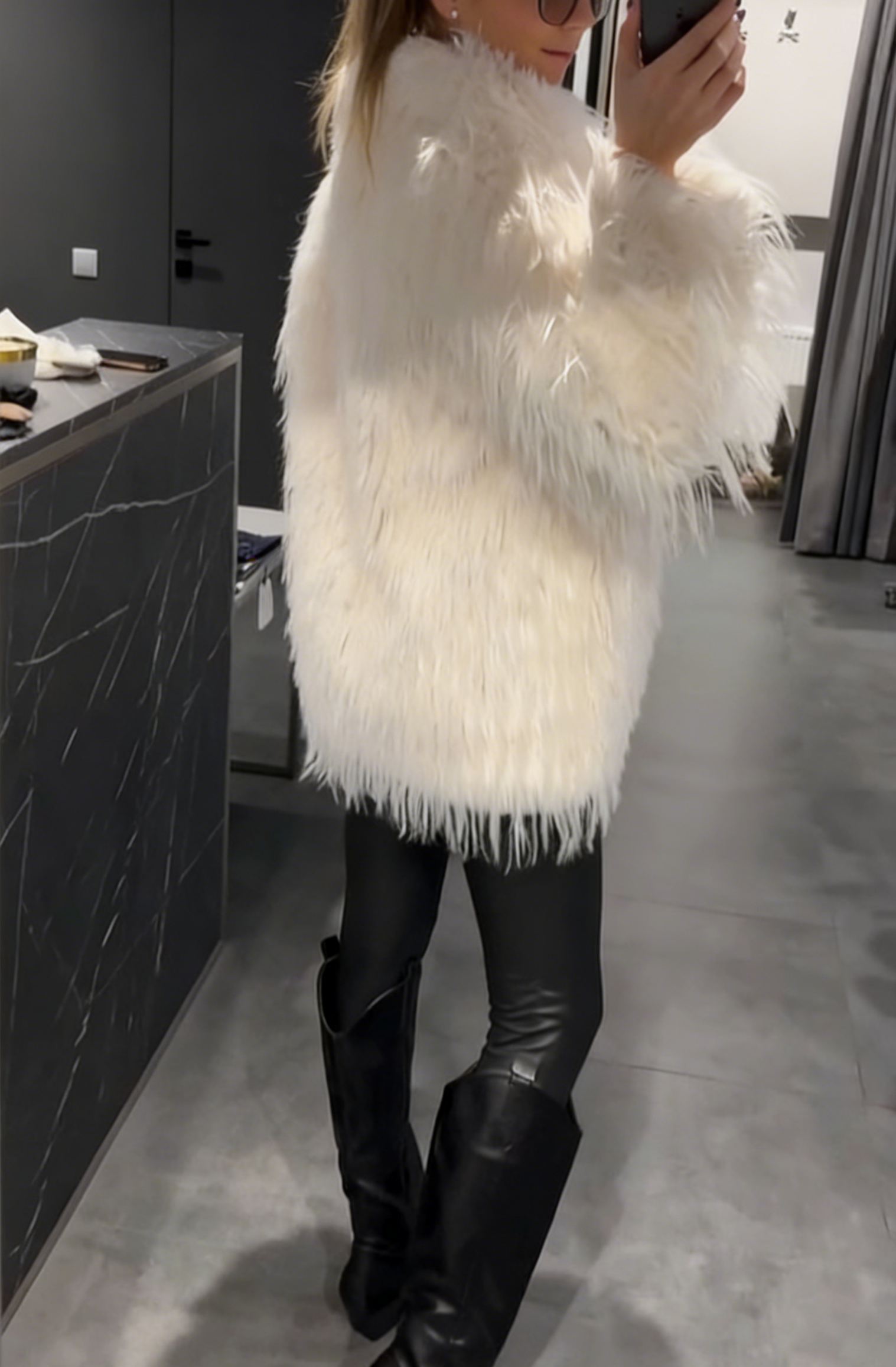  Fluffy Faux Fur Open-Front Coat