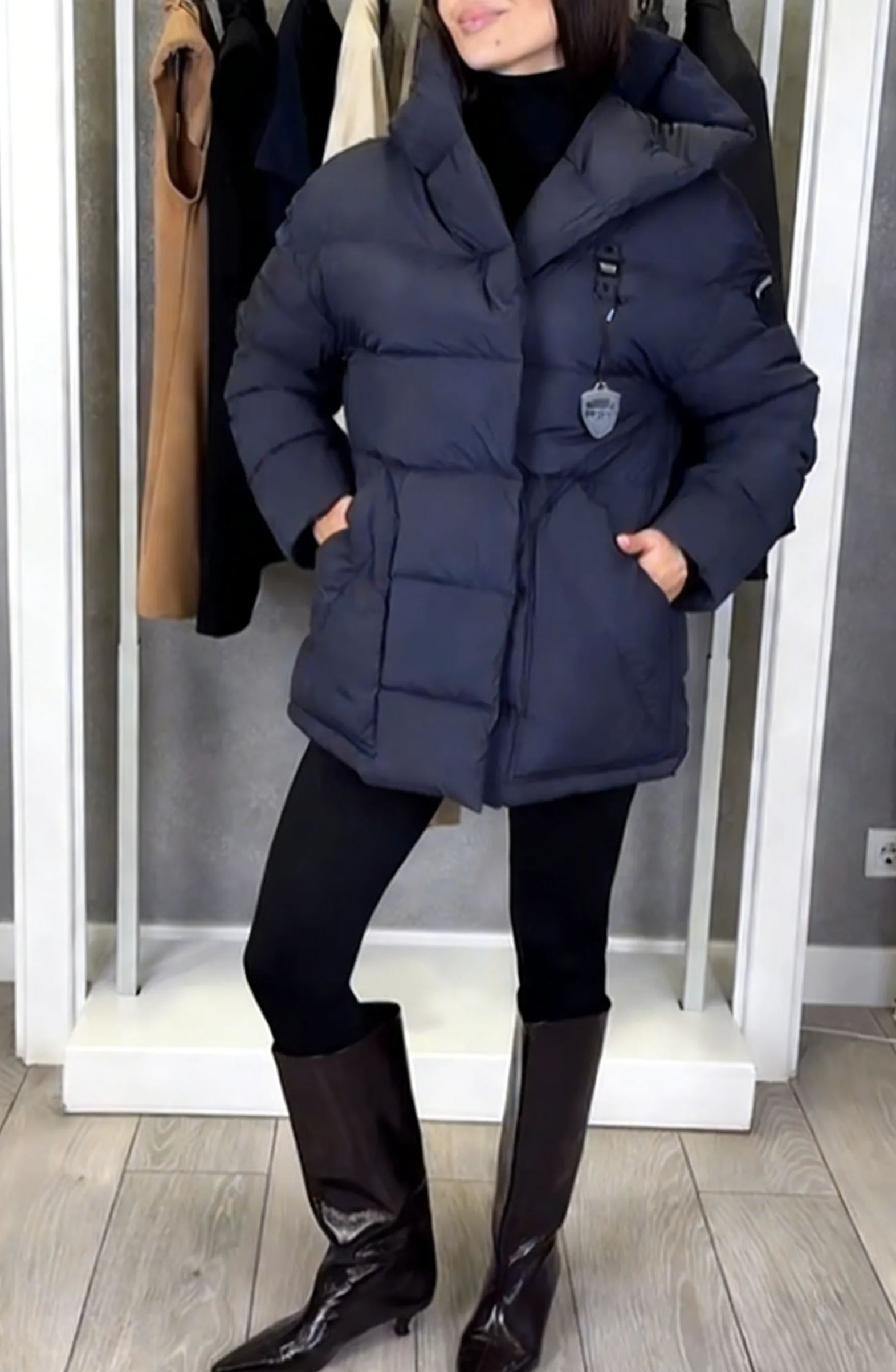 Hooded Mid-Length Puffer Coat with Magnetic Closure