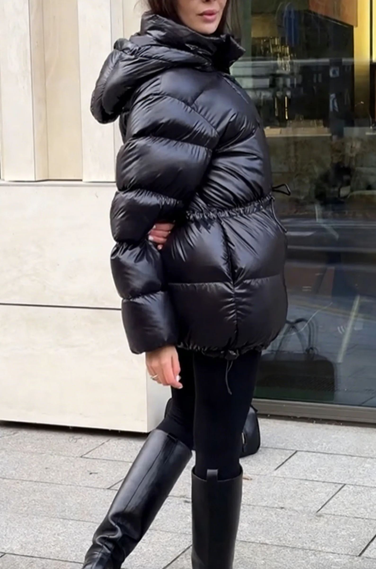 Hooded Puffer Coat with Adjustable Drawstring Waist