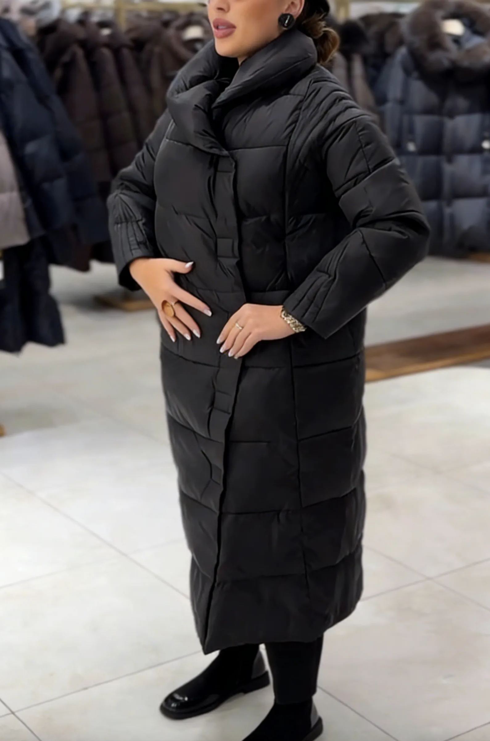 Longline Puffer Coat with Magnetic Snap Closure