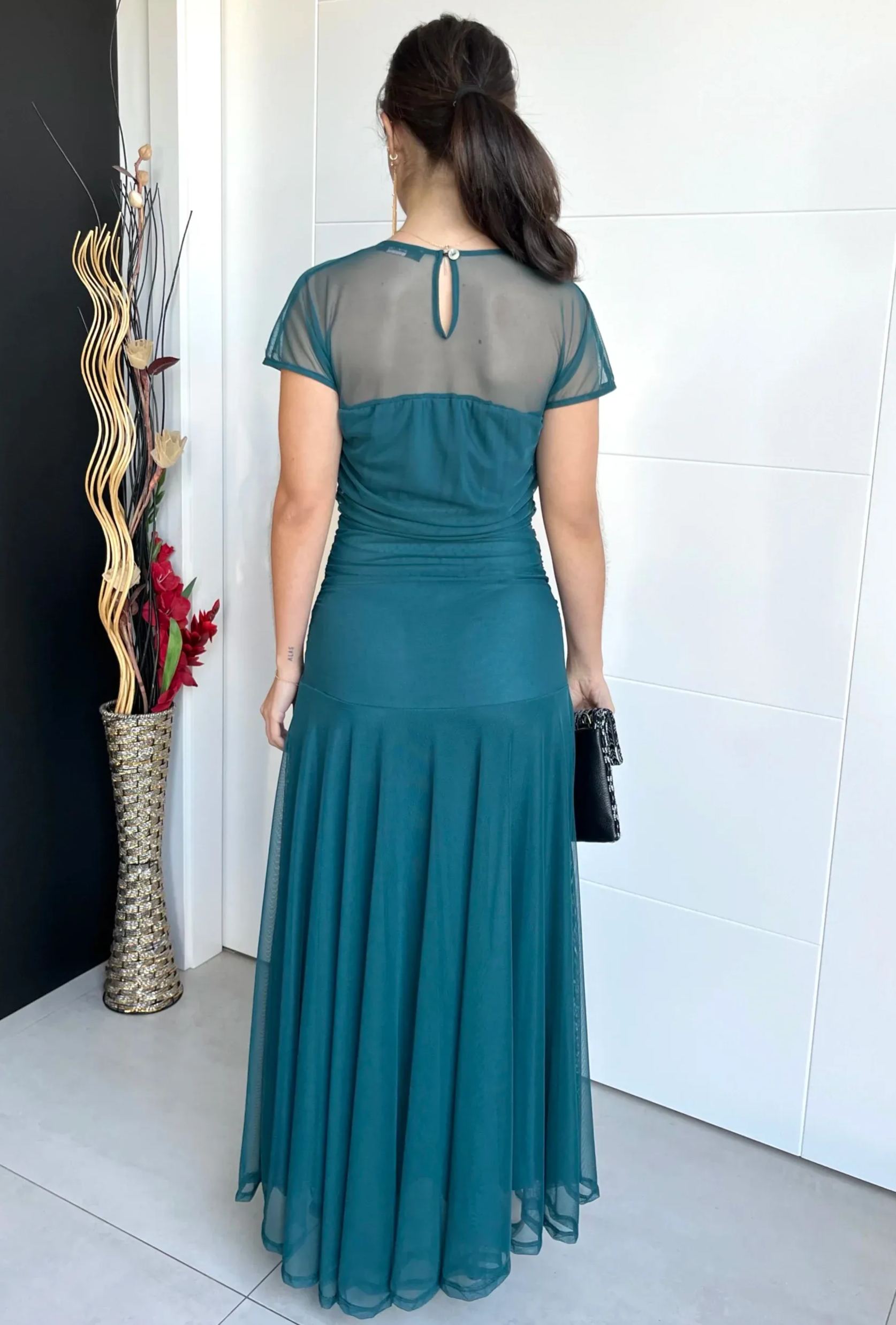 Navy Blue Sheer Yoke Ruched Tulle Dress