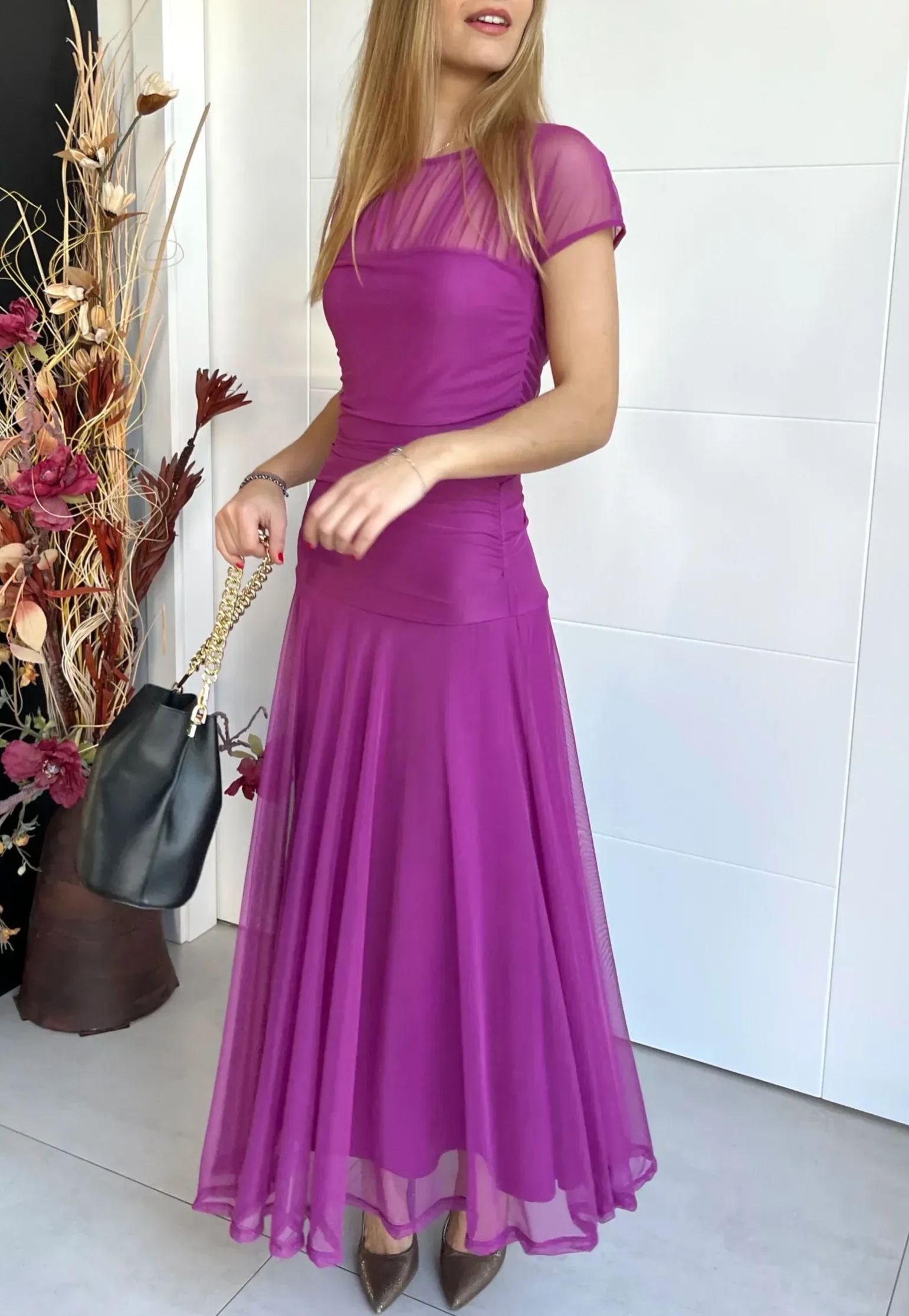 Navy Blue Sheer Yoke Ruched Tulle Dress