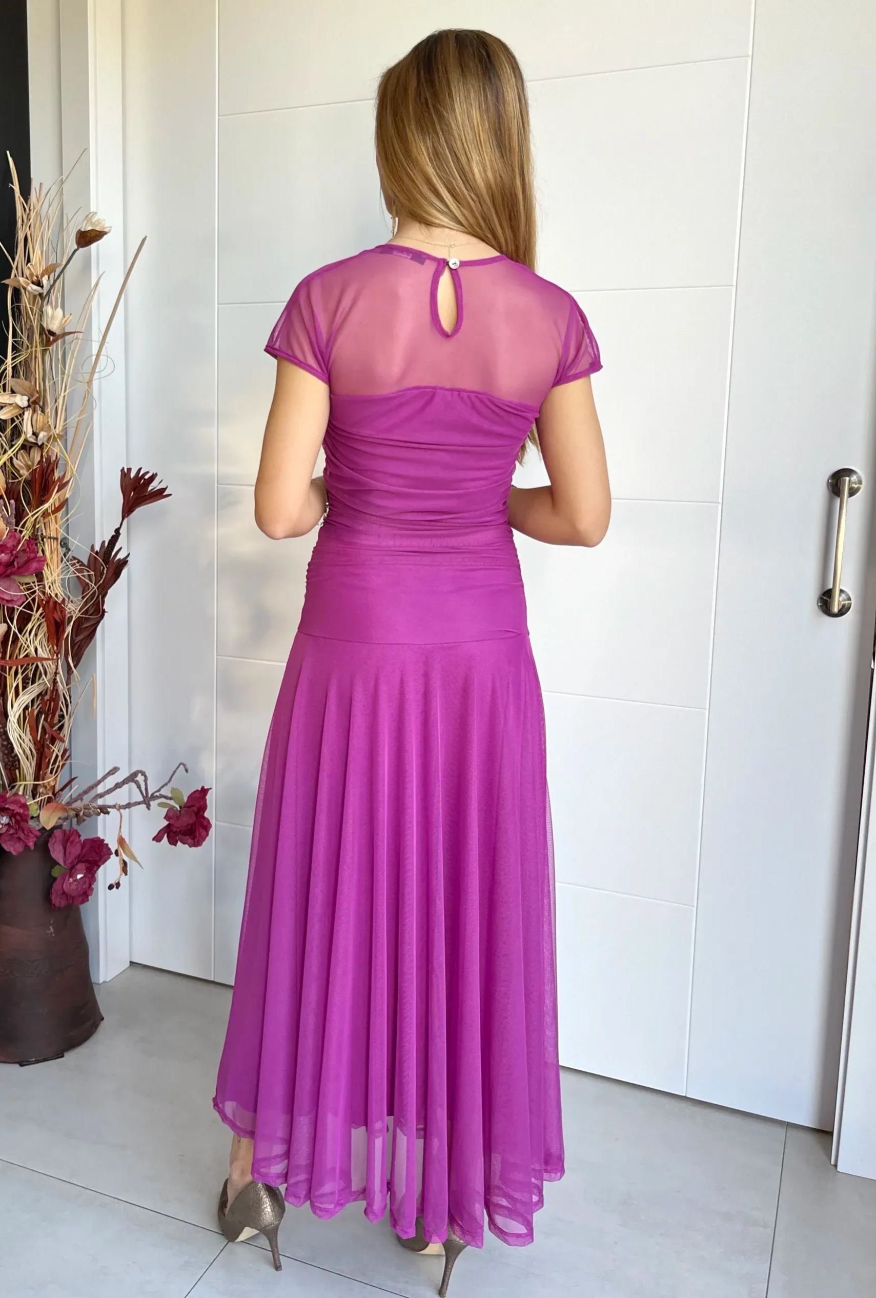 Navy Blue Sheer Yoke Ruched Tulle Dress