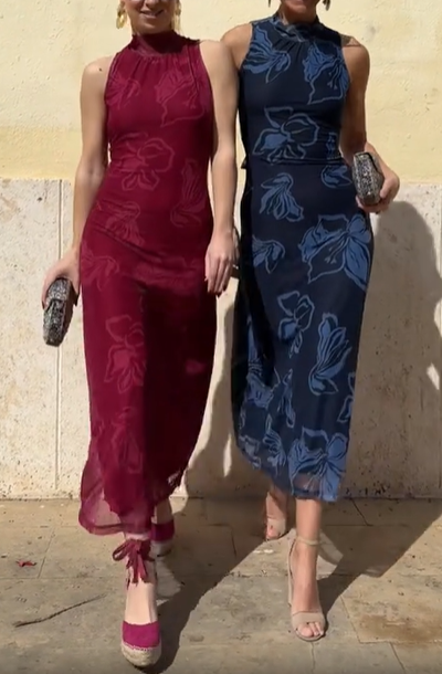 Sleeveless Floral Embossed Midi Dress with Tie-Back