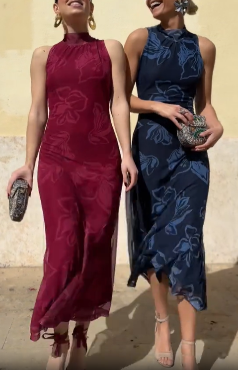 Sleeveless Floral Embossed Midi Dress with Tie-Back