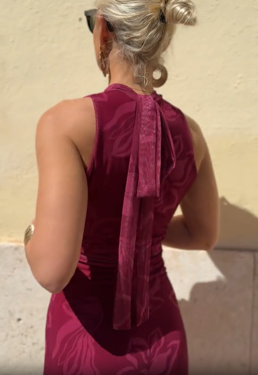 Sleeveless Floral Embossed Midi Dress with Tie-Back