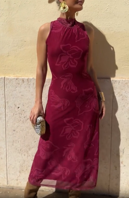 Sleeveless Floral Embossed Midi Dress with Tie-Back