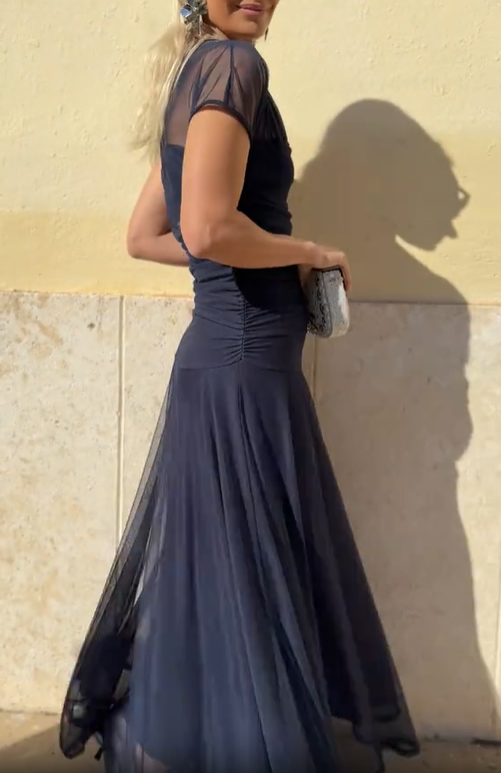 Sheer Yoke Ruched Tulle Dress