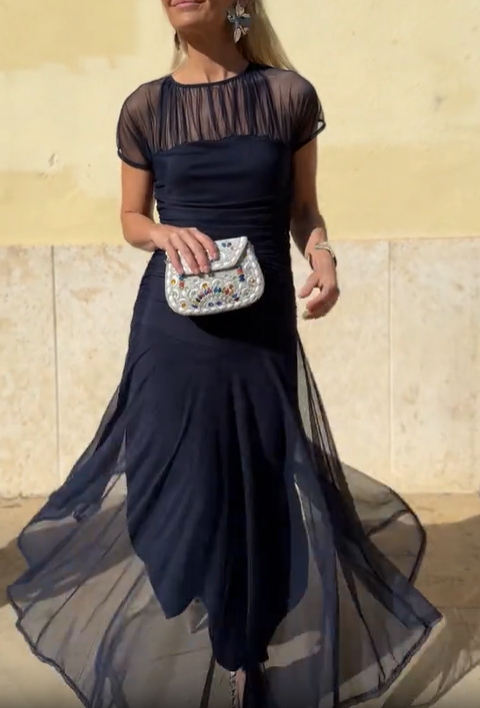 Sheer Yoke Ruched Tulle Dress