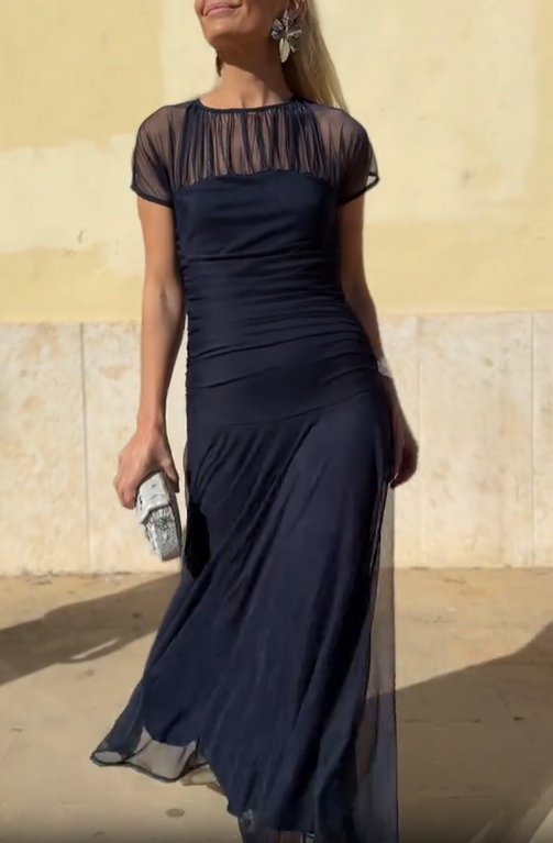 Sheer Yoke Ruched Tulle Dress