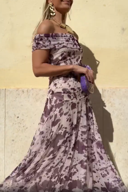 Off-Shoulder Printed Chiffon Midi Dress