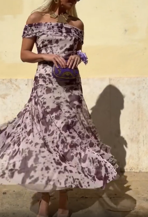 Off-Shoulder Printed Chiffon Midi Dress