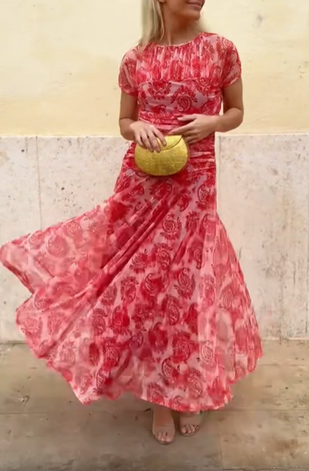 Short Sleeve Silk Chiffon Midi Dress