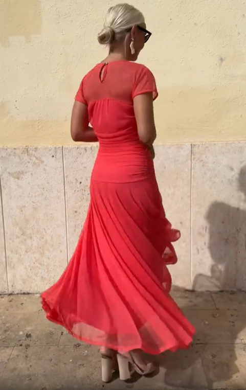 Sheer Yoke Ruched Tulle Dress