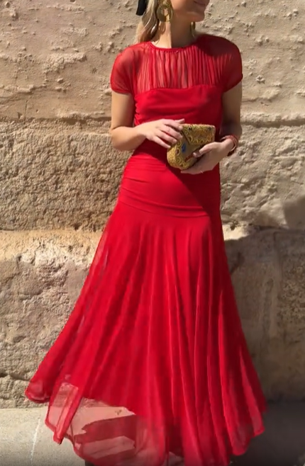 Sheer Yoke Ruched Tulle Dress