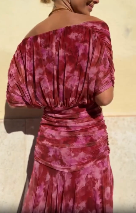 Fuchsia Elegant Tie-Dye Off-Shoulder Dress