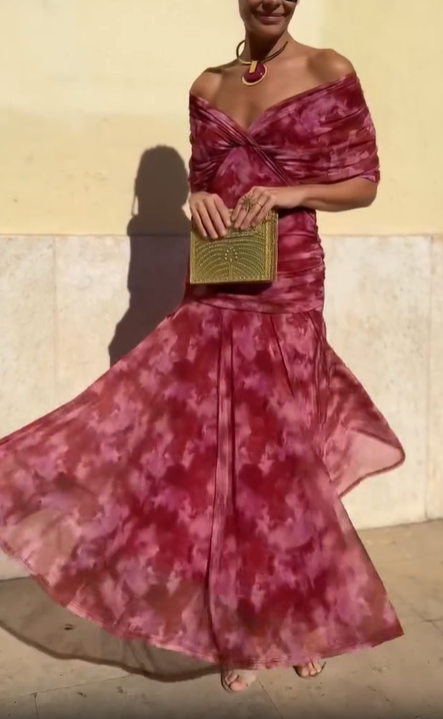 Fuchsia Elegant Tie-Dye Off-Shoulder Dress