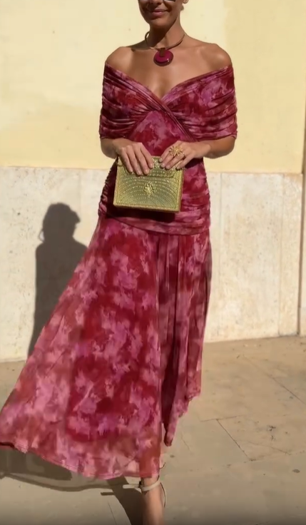 Fuchsia Elegant Tie-Dye Off-Shoulder Dress