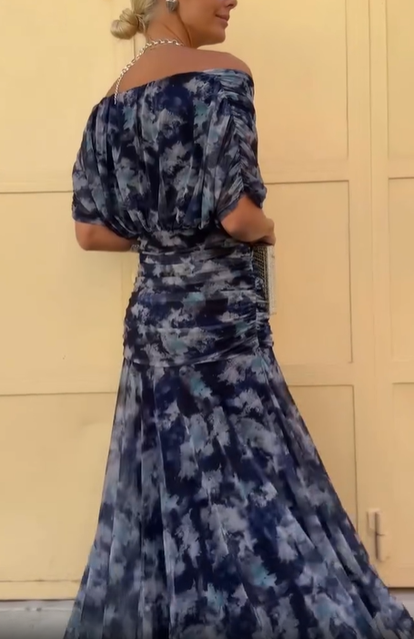 Navy Blue Elegant Tie-Dye Off-Shoulder Dress