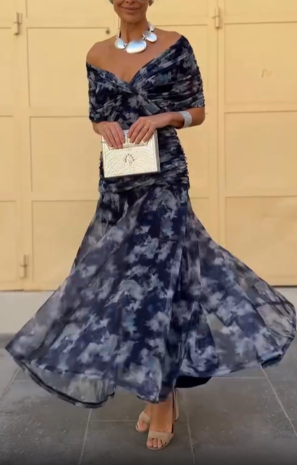 Navy Blue Elegant Tie-Dye Off-Shoulder Dress