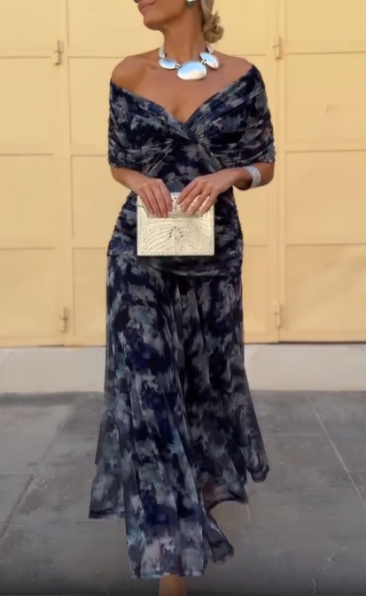 Navy Blue Elegant Tie-Dye Off-Shoulder Dress