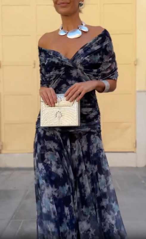 Navy Blue Elegant Tie-Dye Off-Shoulder Dress