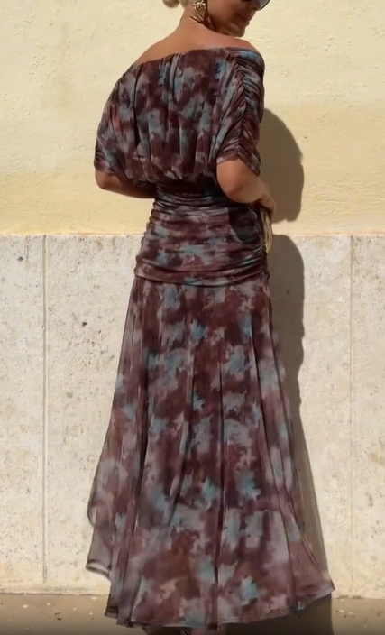 Brown Elegant Tie-Dye Off-Shoulder Dress