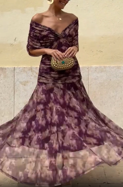 Purple Elegant Tie-Dye Off-Shoulder Dress