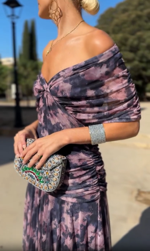 Lilac Elegant Tie-Dye Off-Shoulder Dress