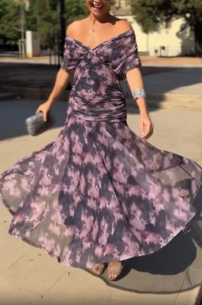 Lilac Elegant Tie-Dye Off-Shoulder Dress