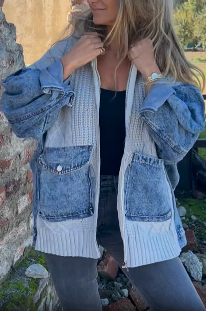 Knit and Denim Patchwork Hooded Jacket