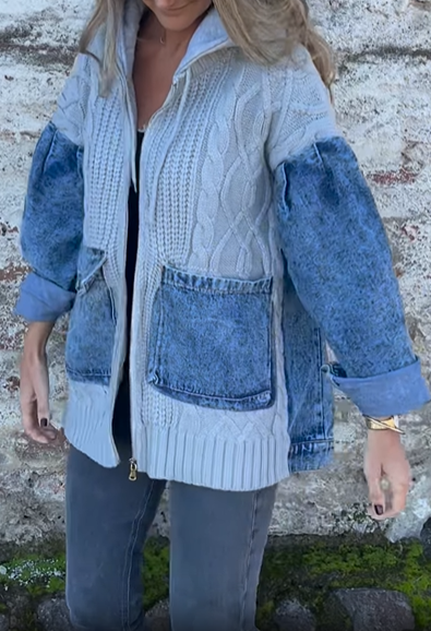 Knit and Denim Patchwork Hooded Jacket