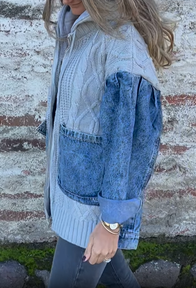 Knit and Denim Patchwork Hooded Jacket