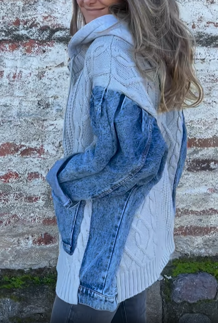 Knit and Denim Patchwork Hooded Jacket