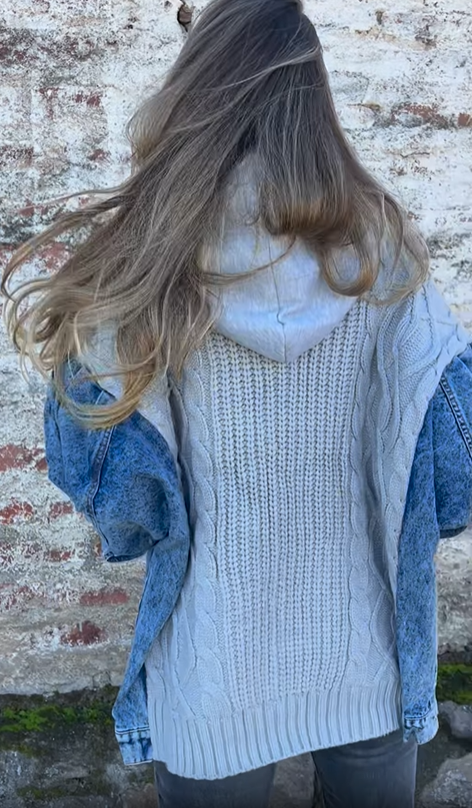 Knit and Denim Patchwork Hooded Jacket