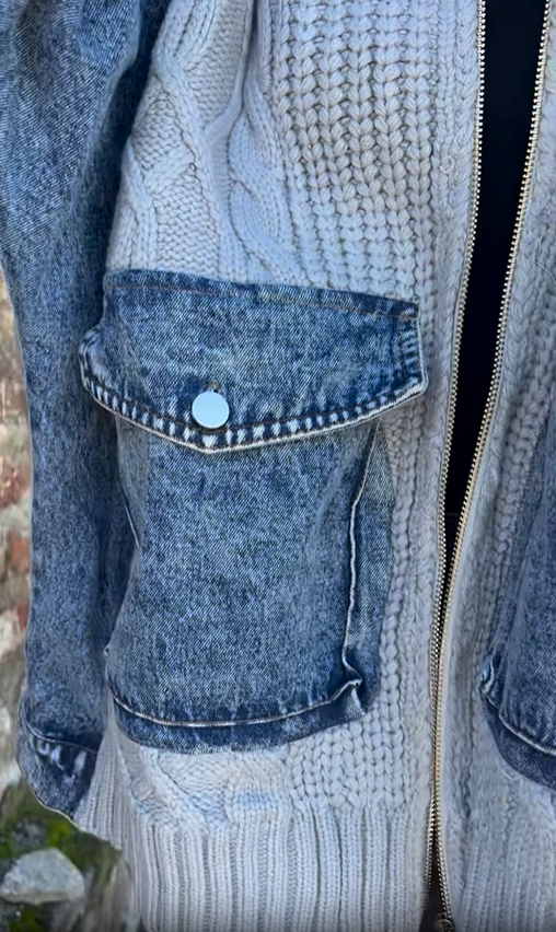 Knit and Denim Patchwork Hooded Jacket