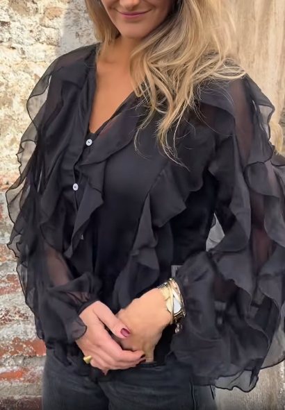Ruffled Sheer Button - Front Blouse