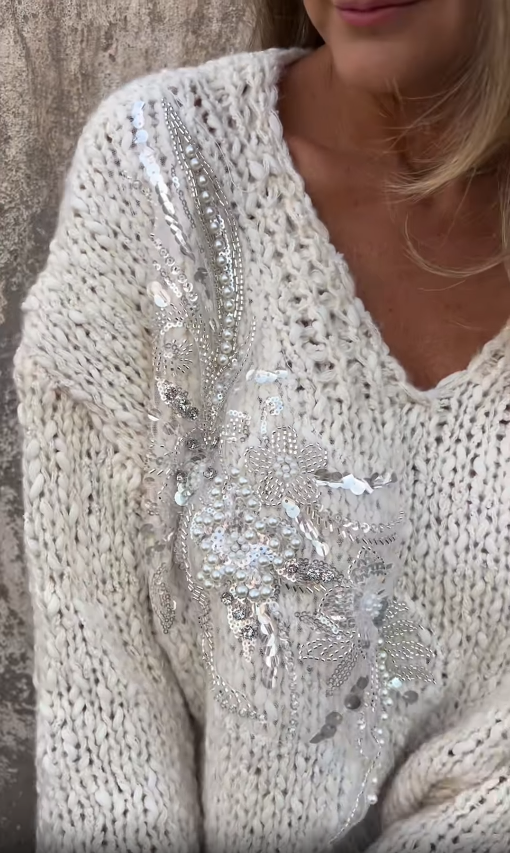 Embellished V - Neck Knit Sweater